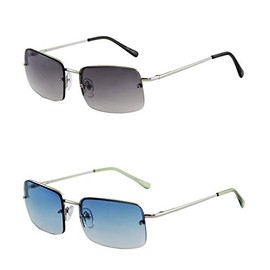 FLAWLESS EYEWEAR - Minimalist Medium Rectangular Sunglasses Clear Eyewear Spring Hinge (2 PACK: Silver/Smoke and Silver/Blue, 55)