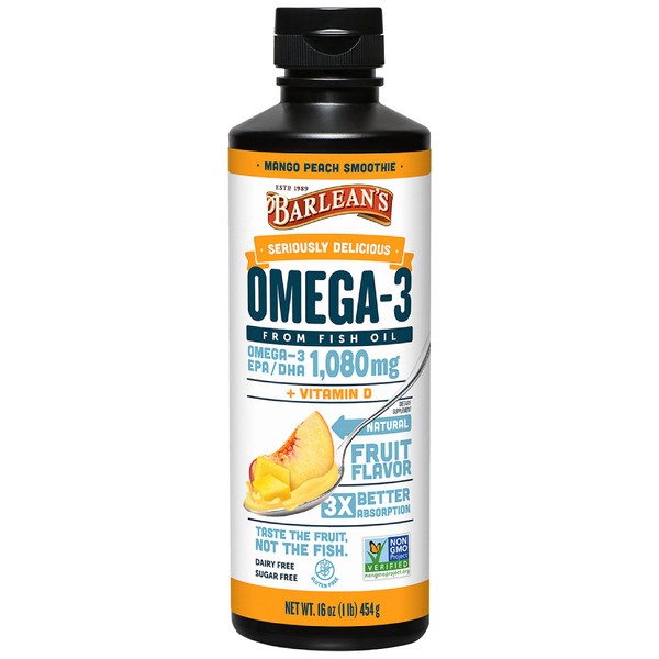 Barlean's Mango Peach Omega 3 Fish Oil Liquid Supplement with Vitamin D, 1080mg EPA & DHA Fatty Acid, Smoothie Flavored & Burpless for Brain, Joint, & Heart Health, 16 oz