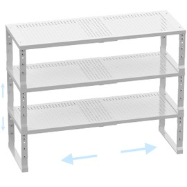 Expandable Adjustable Stackable Multi-Purpose Spice Racks，Metal Storage Rack, Sturdy and Practical Kitchen Shelves, Countertop for Kitchen, Bathroom, Storage Room and Other Places(3Packs/White,Large)