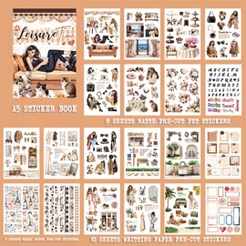 Dwpetzo Leisure Time Journaling Sticker Book for Junk Journal Supplies, 20 Sheets Pe-Cut PET, Washi Tape, and Craft Paper Stickers for Scrapbooking, Planner, Bujo, Collage, DIY Crafts Arts