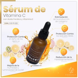 EUDONIA Serum Vitamin C - mit Ferulic Säure und Vitamin E - fördert strahlende Haut, spendet Feuchtigkeit und schützt, bekämpft Hyperpigmentierung, ohne Parabene, Sulfate - Bio, ohne Tierquälerei, 30