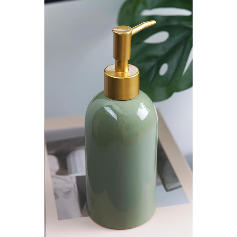 Soap Dispenser Bottle Ceramic with Gold Pump,Green and Gold Dish