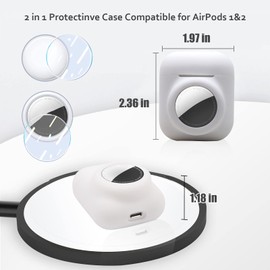 Funda protectora de silicona 2 en 1 compatible con AirPod 1 y 2 y AirTag, funda protectora suave y completa con 2 protectores de pantalla de TPU, antiarañazos, antipérdidas (blanco)