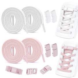 FINEASY 2 Pairs No Tie Shoe Laces 110cm Elastic Laces for Trainers, No Tie Elastic Shoelaces with Magnetic Buckles, Shoelace Apply to Sneakers, Casual Shoes, Board Shoes, White & Pink