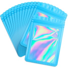 Durimoiy 100 Pcs Holographic Bags Resealable Packaging Bags for Small Business Supplies,Cute Small Plastic Colorful Smell Proof Zip Flat Foil Pouch Baggies for Ring (Blue,4x6 inch)