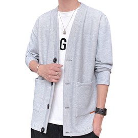 Yezai Men's Autumn Clothing, Japanese Style Cardigan, Solid, Long Sleeve, 3/4 Sleeve, Short Sleeve, Japanese Style, V-Neck Jacket, Sweater, Thin, Stylish, Lightweight, Breathable, Spring, Summer,