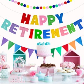 Retirement Party Decorations for Women Men-Rainbow Set With Pre-Strung 3D Felt Happy Retirement Banner, PomPom Garland, Triangle Fabric Bunting,Reusable Retired Party Decor Supplies(NO DIY)