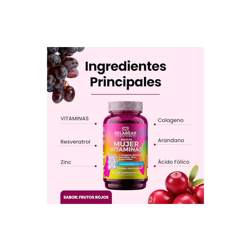 solanum Belabear Women's Multivitamin Resveratrol, Cranberry, Colágeno y Ácido Fólico