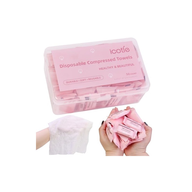 ICOTLE 50 Pcs Compressed Towels - Soft Portable Wash Cloths
