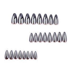 IMSOHOT Black Chrome Press on Nails Medium Almond Fake Nails Full Cover Glossy Acrylic Ruseable Nails Press ons Gel Artificial Glue on False Nails for Women 24Pcs Stick on Nails