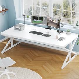 IBF 70.8" White Extra Large Computer Desk, Farmhouse Extra Long Executive Office Desk for Whiting Pc Work Study, Modern Wood Metal Computer Table Dual Monitor Workstation for 2 Person Home, White Oak