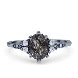 OMRANII Black Tone, Natural Rutilated Quartz Size-5 Stunning Oval Solitaire Accent Dainty Art Deco Engagement Ring CZ 925 Sterling Silver
