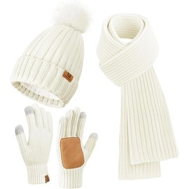 Womens Winter Beanie Hat Scarf Gloves Set Warm Knit Beanie with Pom Pom Long Scarf  Warmer Touchscreen Gloves - Color: Apricot