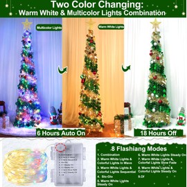 5 Ft Pop Up Christmas Tree with 50 Warm White&Multicolor Change Lights,Timer 8 Modes,10 Ball Ornaments 3D Star Sequins, Slim Tinsel Collapsible Pencil Christmas Tree Home Xmas Party Decor(Green Gold)