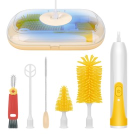 BlumWay Electric Bottle Brush, Portable Baby Bottle Brush for Travel, Waterproof Bottle Cleaning Set with Nipple and Straw Brush, Brush Set for Cleaning Cup Lids, Yellow