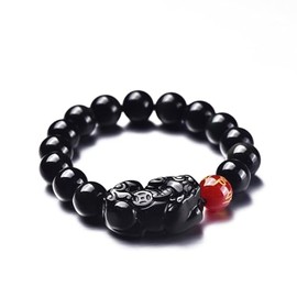 Black Obsidian Bracelet,Feng Shui Black Obsidian Wealth Bracelet for Women Men Stretch Obsidian Bracelet Bangle with Pixiu Red Agate Six-Character Mantra Stone Attract Wealth Money and Good Luck