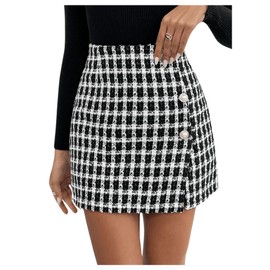 GORGLITTER Short Tweed Skirt Women's Autumn Checked Skirt Short Skirt with Slit Elegant Skirt with Buttons, black