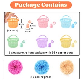 GameXcel 6 Pack Easter Eggs Basket Set – Plastic Baskets with 36 Eggs and 3-Pack Tricolor Grass – Easter Decorations and Party Favors