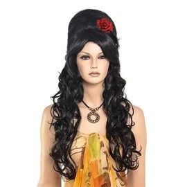 PORSMEER Amy Black Beehive Wig + Red Flower - Black Bouffant Beehive Wigs Long Curly 90s Costume Wigs for Women & Girls Vampire Costume