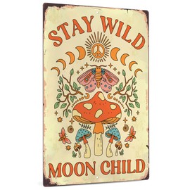 Putuo Decor Stay Wild Moon Child Sign, Retro Mushroom Wall Decor, 12 x 8 Inches Aluminum for Bathroom, Living Room
