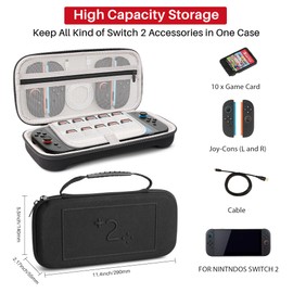 Tragetasche für Switch 2, Hard Travel Shell kompatibel mit Nintndos Switch 2-Konsole mit 10 Spielpatronenhaltern und gehärtetem Film, wasserdicht und stoßdichtes Design, tragbares Gaming-Zubehör