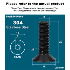 Drenky M8 x 20 mm Countersunk Screws Stainless Steel V2A VA A2 Allen Screw DIN 7991 / ISO 10642 Countersunk Screws Rustproof Machine Screws Metric Standard Thread Black Pack of 10