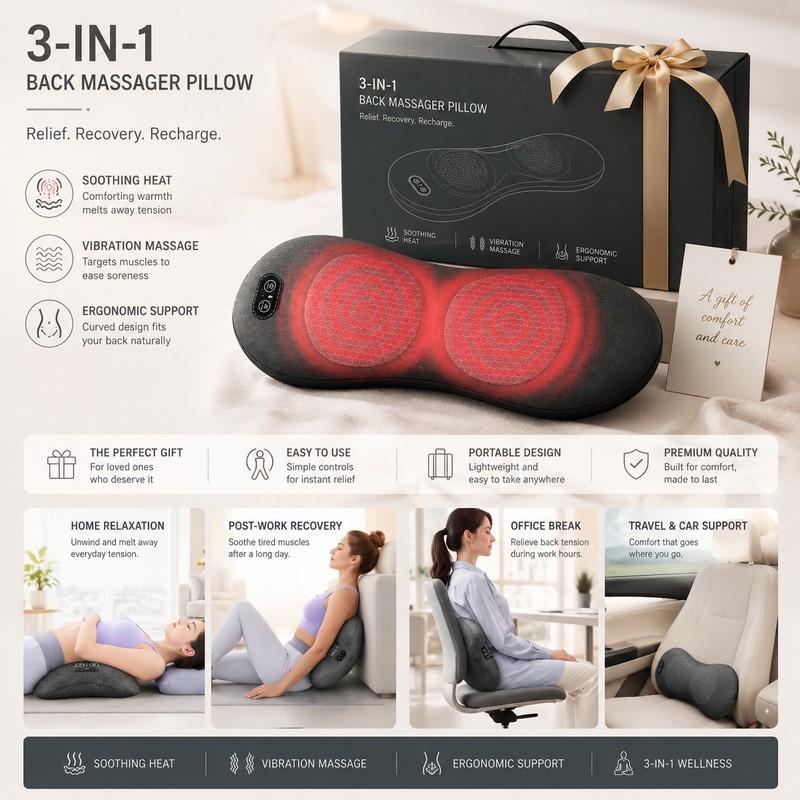 3-in-1 Lumbar Support Massager for Back Comfort – Heated Vibration