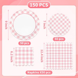 150Pcs Pink Gingham Party Supplies Pink Gingham Paper Plates and Napkins Pink Checkered Plates Disposable Pink and White Plaid Party Decor for Birthday Family Fall Picnic BBQ Party,Serves 50 Guests