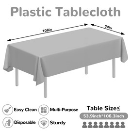 CC-SLZP 3 Pack Premium Plastic Tablecloth, 54 x 108 inch Disposable Tablecloths Rectangle Leakproof for Parties, Picnic, Camping, Birthday, Weeding (Silver Grey, Rectangle (3 Pack))