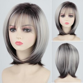 RENERSHOW Medium Length Bob Wig with Bangs for White Women Layered Blonde Balayage Bob Straight Hair Wig Natural Synthetic Hair Replacement Wig Ombre Platinum with Brown Wig