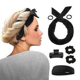 Heatless Extra Long 61 Inch Velvet Curling Ribbon Kit for Women - Heatless Cotton Overnight Curl Headband Soft Curling Rods for Sleeping (Black)