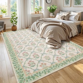 ROYHOME 5x7 Area Rugs for Living Room, Washable Rug for Bedroom Girl with Coquette Bow Floral Pattern Non Slip Low-Pile Stain Resistant Throw Carpet for Dining Room Dorm Nursery, Light Green