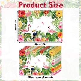 50 Pack Hawaiian Paper Placemats,16x 11 Inch Hawaii Palm Leaves Flower Disposable Placemats Tropical Luau Party Table Mats for Kitchen Dining Hawaiian Summer Party Supplies