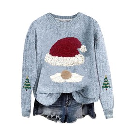 QUINTRA Oversized Sweatshirt Women's Santa Print Pullover, Long Sleeve Crew Neck Tops, lightblue, XL