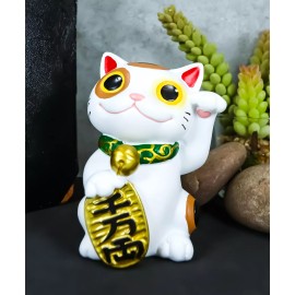Ebros Japanese Lucky Charm White Beckoning Cat Maneki Neko Statue 4"H Figurine