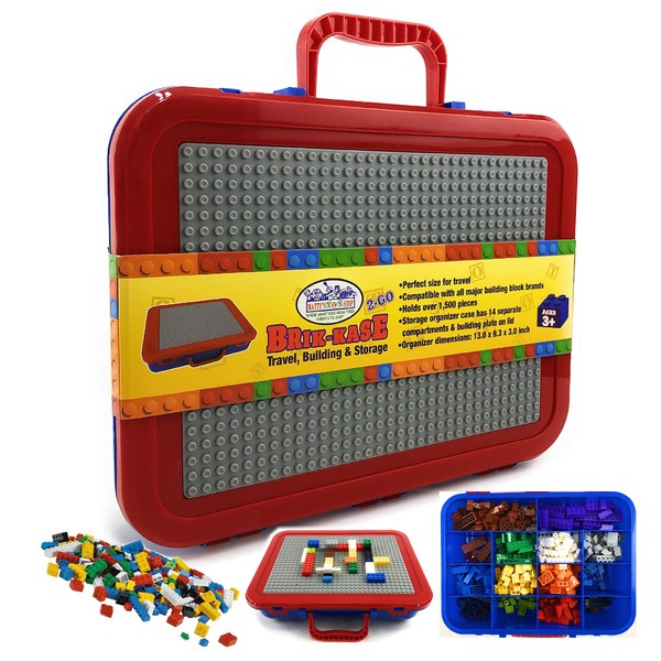 Matty's Toy Stop Brik-Kase 2-GO 13" Travel, Building, Storage & Organizer Container Case with Building Plate Lid (Holds Approx 1,500pcs) - Compatible with All Major Brands (Blue, Red & Gray)