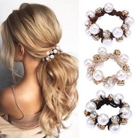 Zoestar Hair Bobbles Pack of 3 Pearl Hair Bobbles Crystal Elastic Hair Ropes Ponytail Holder Fashion Hair Accessories for Women and Girls (A)