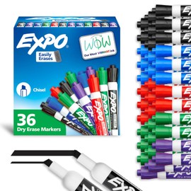 EXPO Marcadores de borrado en seco de bajo olor, punta de cincel, colores surtidos, paquete de 36 – ideales para aulas, oficinas y oficinas en casa