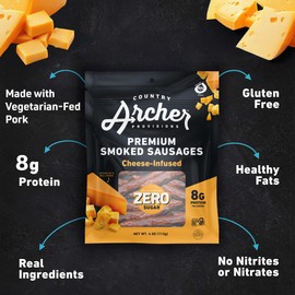 Country Archer Cheese-Infused Smoked Sausages - Meat and Cheese Sticks, Grass Fed Beef & Pork Jerky Sticks, Paleo, Low Carb, Healthy Snack, Zero Sugar, 8g Protein Per Serving - 4 oz (Pack of 1)