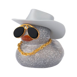 wonuu Car Rubber Duck, Dashboard Decorations Colorful Sparkly Cowboy Hat Ducks for Car Ornament Accessories with Hat, Diamond Glasses, Necklace, Sparkling Gray