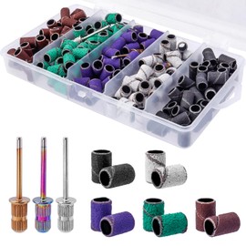 Mesee 250Pcs Sanding Bands for Nail Drill, 5 Colors Sanding Band Nail Drill Bit 80# 120# 180# 240# Coarse Medium Fine Grit Nails Efile Sand Set with 3pcs Mandrel Bits for Manicures Pedicures Care
