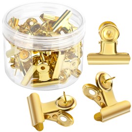 AUEAR, 30 Pack Metal Push Pin Clips Bulldog Heavy Duty Thumb Tacks for Cork Boards Bulletin and Cubicle Walls Gold