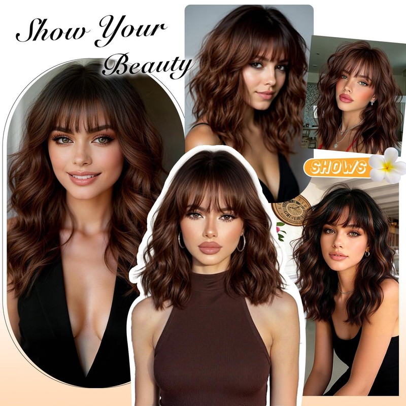 RUNM Short Bob Wavy Wigs for Women Black Mix Brown