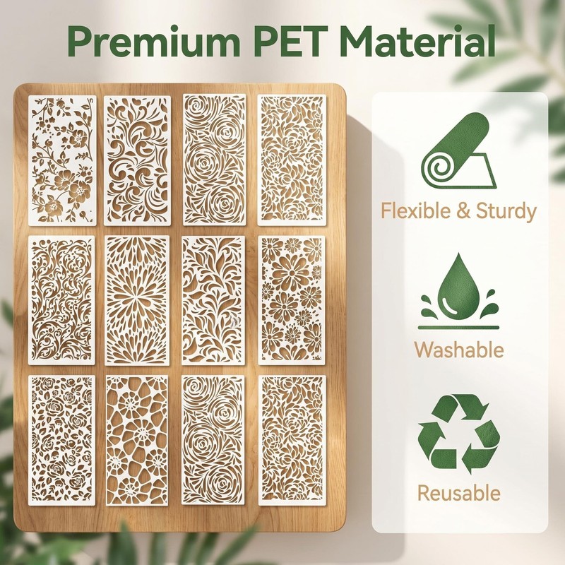 12Pcs Flower Stencils PET Stencils for Crafts Painting Floral Mandala