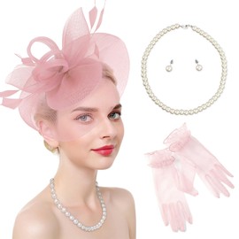 Ibeauti Fascinator Hats with Screentouch Lace Gloves Set for Women Tea Party Cocktail Wedding Derby Headwear Short Gloves (07 Nude Pink)