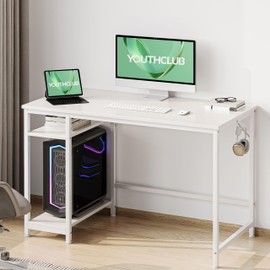 YOUTHCLUB Home Office Game Desk with Wooden Storage Rack, Minicomputer Desk and Game Table with Splice Board, 2-Story Industrial Modern Laptop Study Desk, White, 48 inches