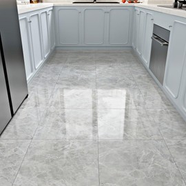 WESTICK 20 PCS Gloosy Cement Gray Marble Peel and Stick Floor Tile for Bedroom Modern Grey Vinyl Flooring Peel and Stick Waterproof Self Adhesive Vinyl Floor Tiles for Kitchen Living Room 12 x 12 in