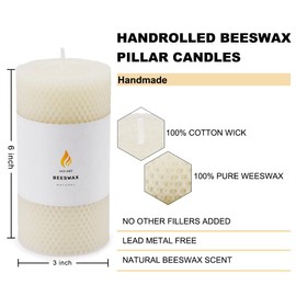 AGLARY 3PCS 3 * 6" Large Beeswax Pillar Candles,Handmade Pure Beeswax Rolled Candles, Dripless & Smokeless，White