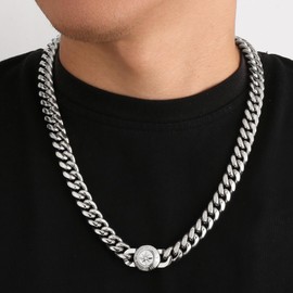 KRKC & CO Men's Design Clasp Necklace, 0.5 inch (12 mm) Wide Curb Chain, 18k Gold Plated, Surgical Stainless Steel, Hypoallergenic, Thick, HIPHOP Wrapper, Accessory, Gift, Celebration, Stainless Steel