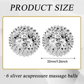 Pack of 6 Massage Balls, Silver Spiked Massage Ball, Hard Magnetic Acupressure Balls, Massage Balls, Magnetic Massage Ball, Hedgehog, Magnetic, for Stress Relief or Massage, 32 mm